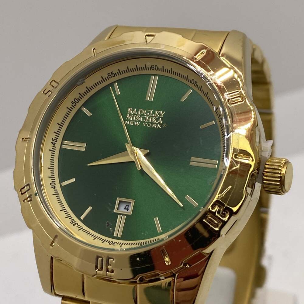 Mens Gold Tone Green Dial Watch Works New Battery
